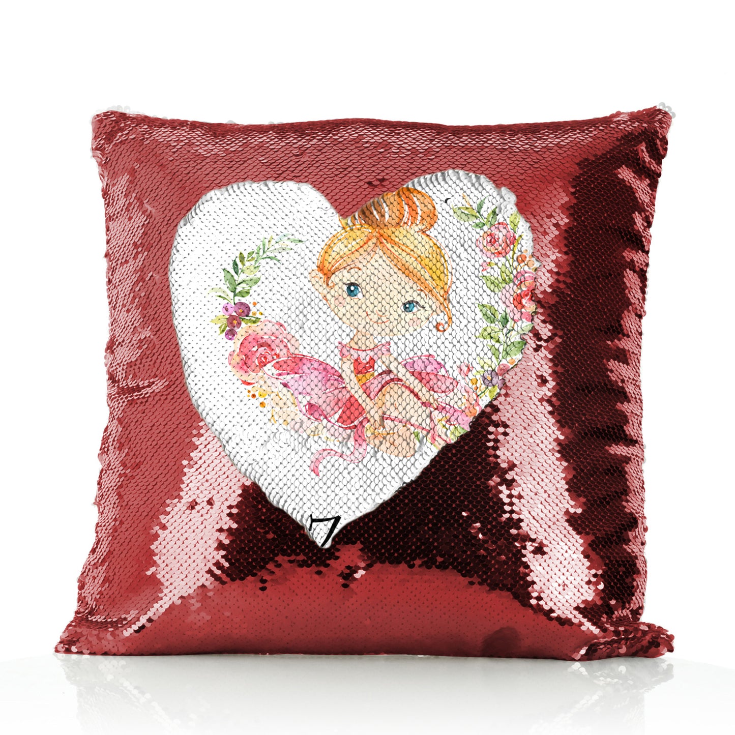 Personalisiertes Paillettenkissen mit niedlichem Text und Blumenkranz, Ballerina mit roten Haaren