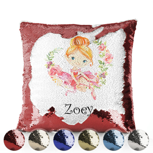 Personalised Sequin Cushion with Cute Text and Flower Wreath Red Hair Ballerina