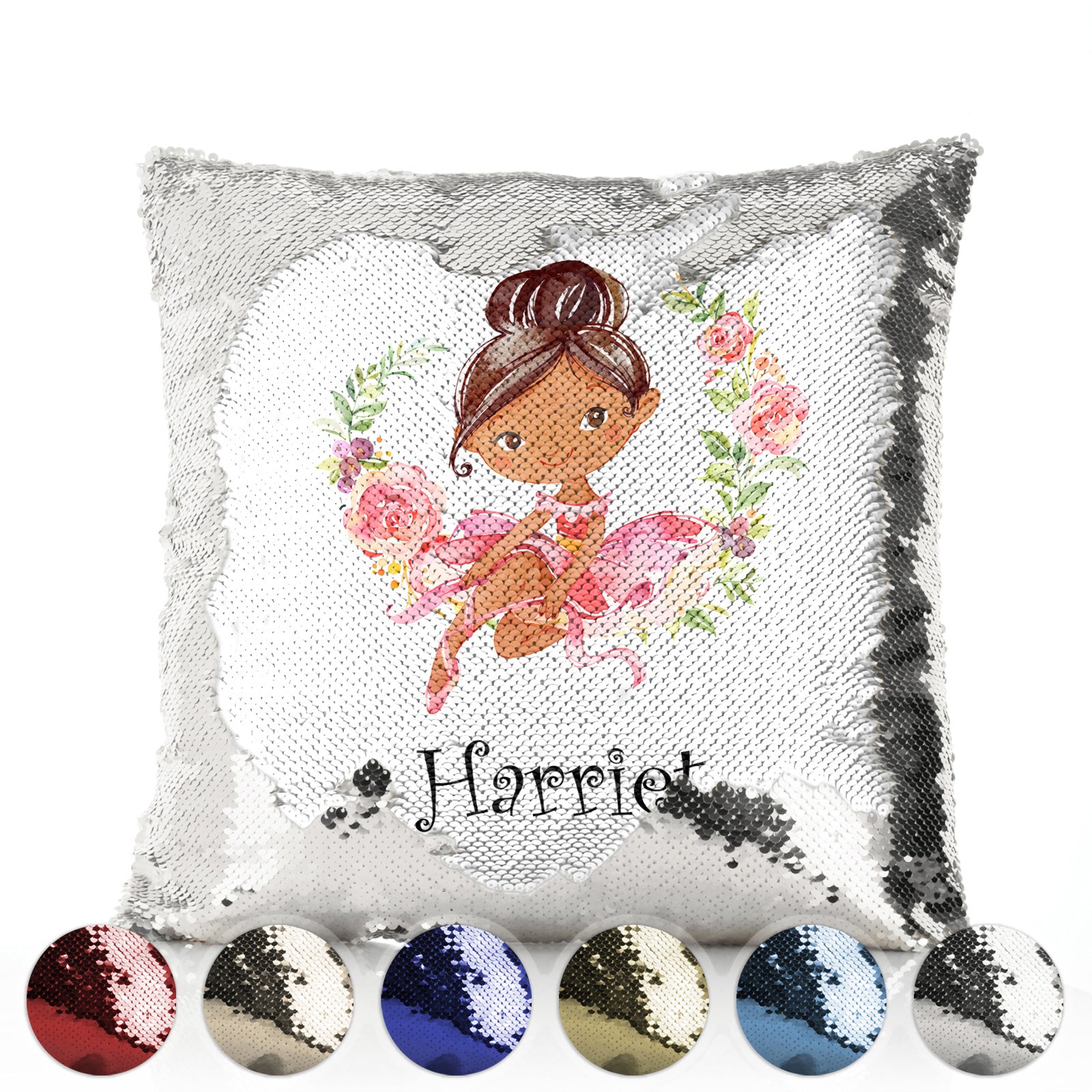 Personalised Sequin Cushion with Cute Text and Flower Wreath Black Hair Ballerina