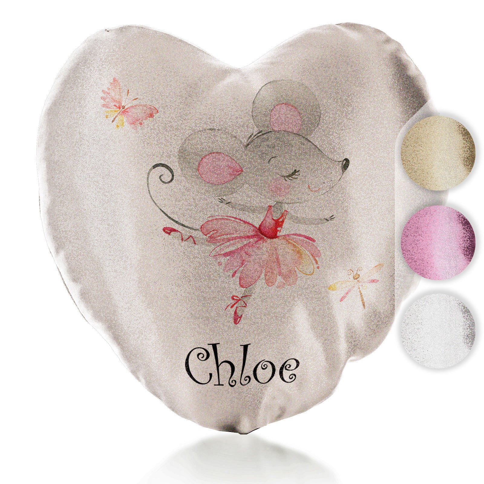 Personalised Glitter Heart Cushion with Cute Text and Dancing Mouse Ballerina