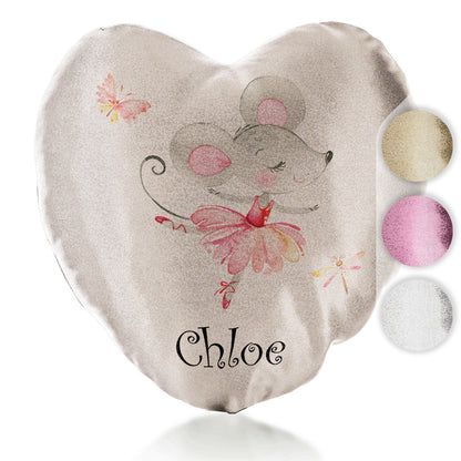 Personalised Glitter Heart Cushion with Cute Text and Dancing Mouse Ballerina