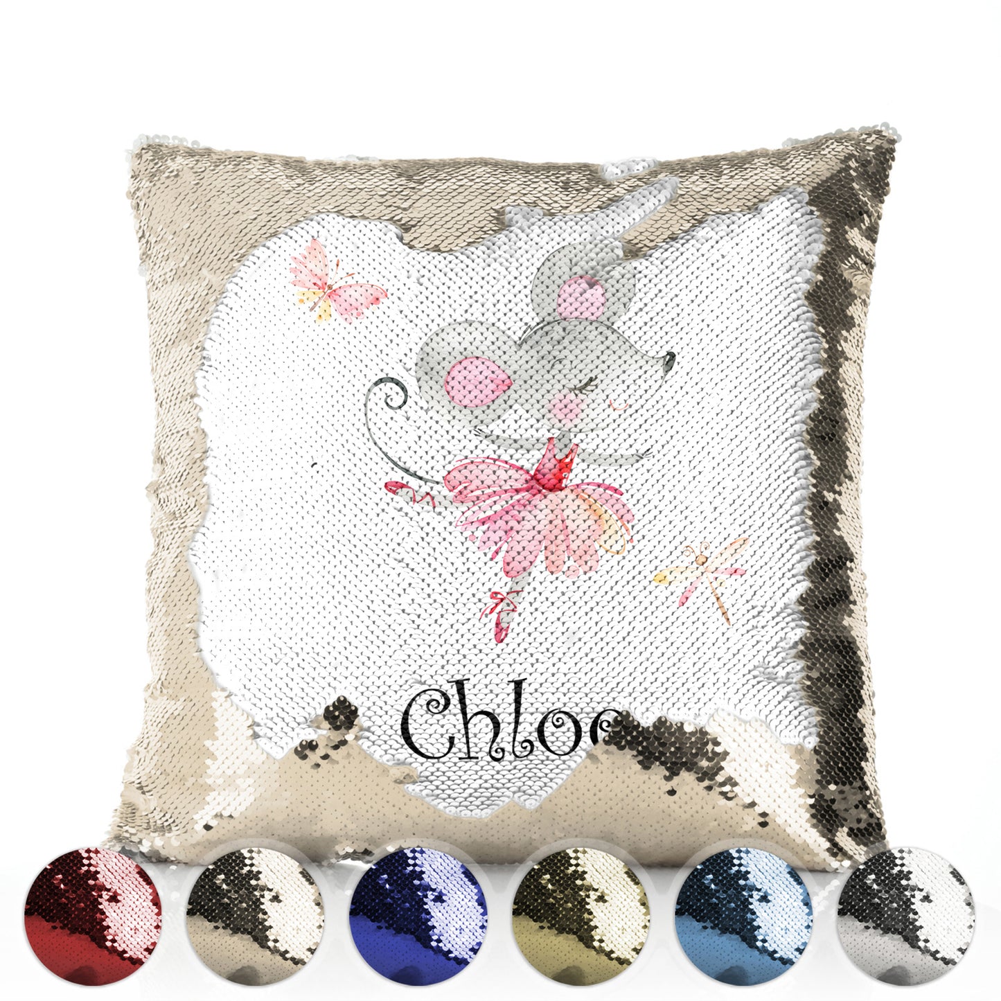 Personalised Sequin Cushion with Cute Text and Dancing Mouse Ballerina