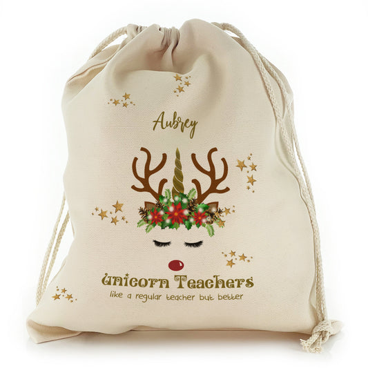 Personalised Canvas Sack with Teachers Name and Decorated Reindeer Unicorn