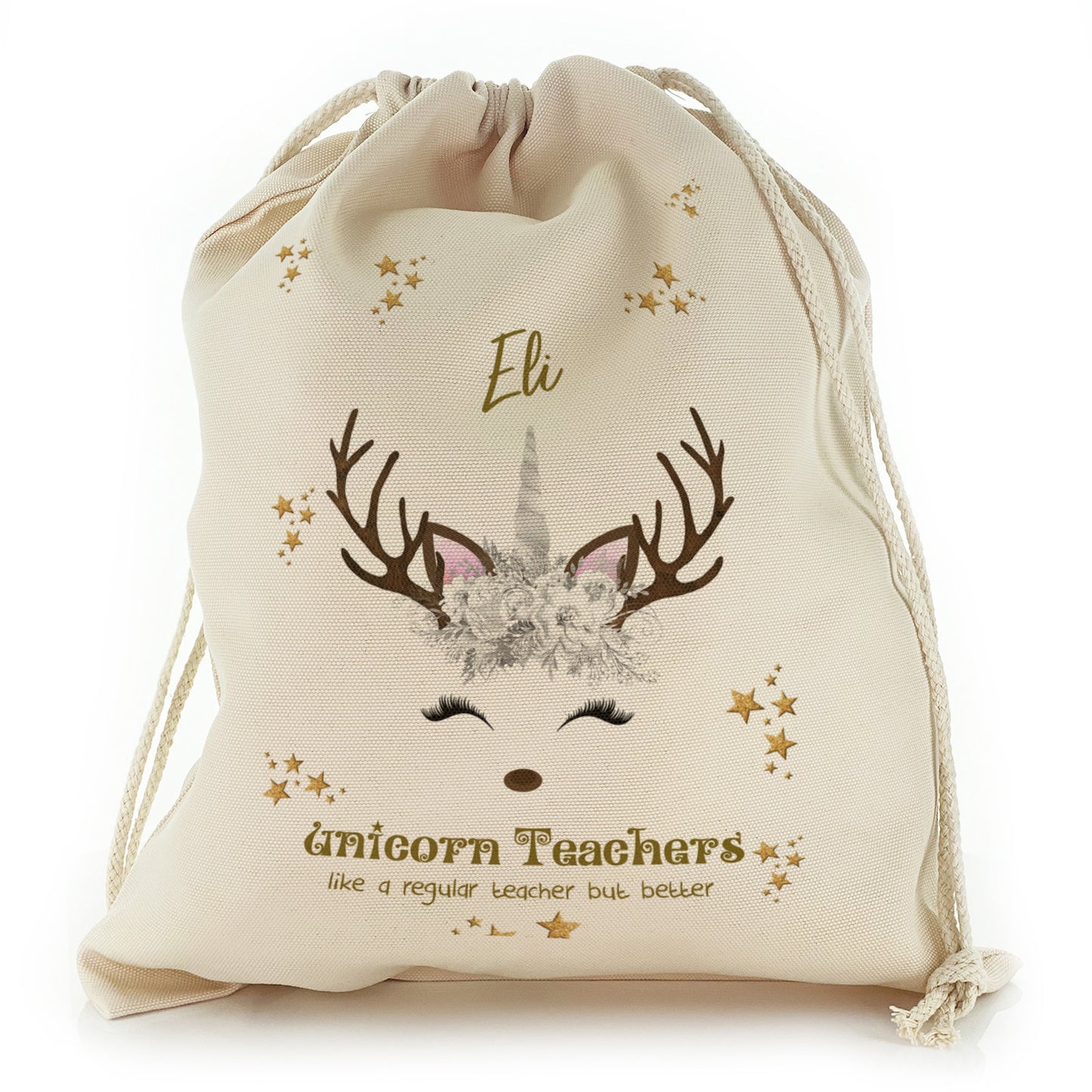 Personalised Canvas Sack with Teachers Name and White Reindeer Unicorn