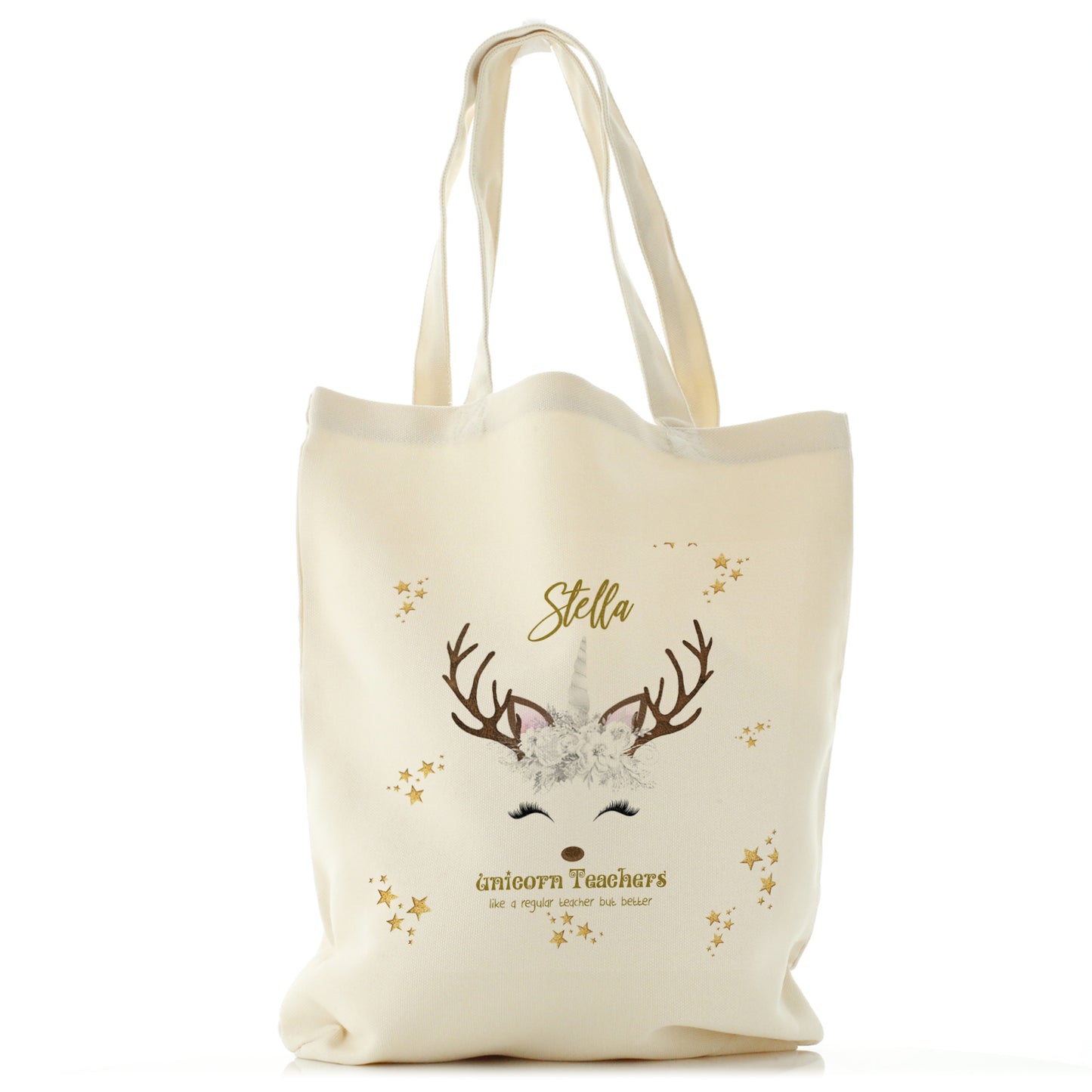Personalised Canvas Tote Bag with Teachers Name and White Reindeer Unicorn