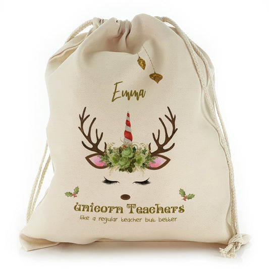 Personalised Canvas Sack with Teachers Name and Green Reindeer Unicorn