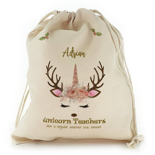 Personalised Canvas Sack with Teachers Name and Pink Reindeer Unicorn