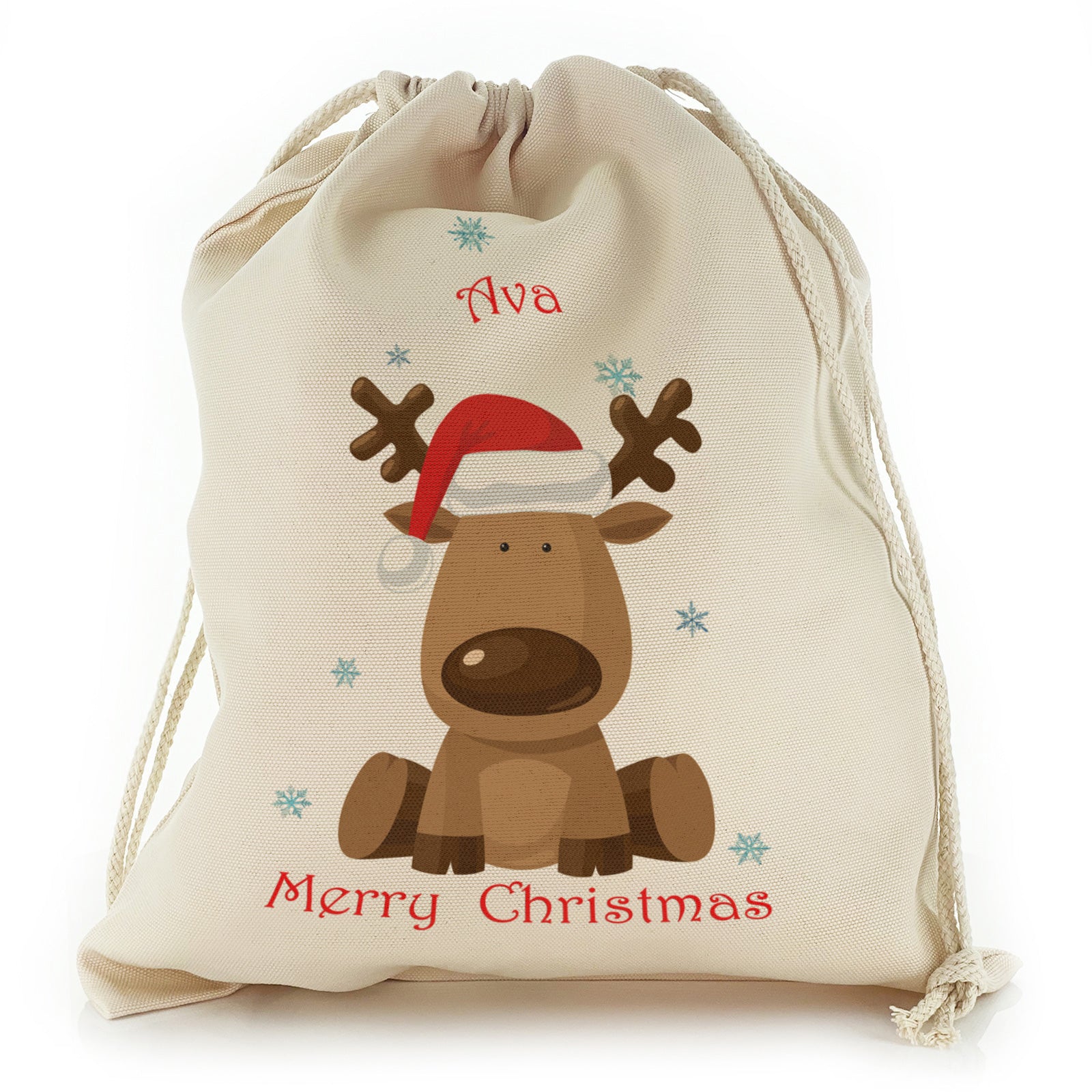 Personalised Canvas Sack with Festive Text and Santa Hat Reindeer