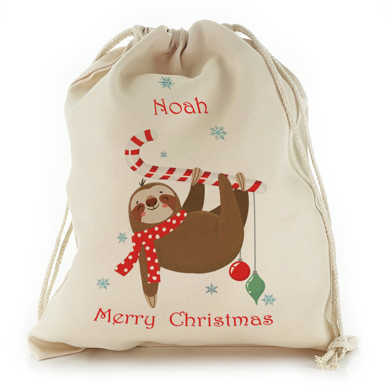 Personalised Canvas Sack with Festive Text and Candy Cane Sloth