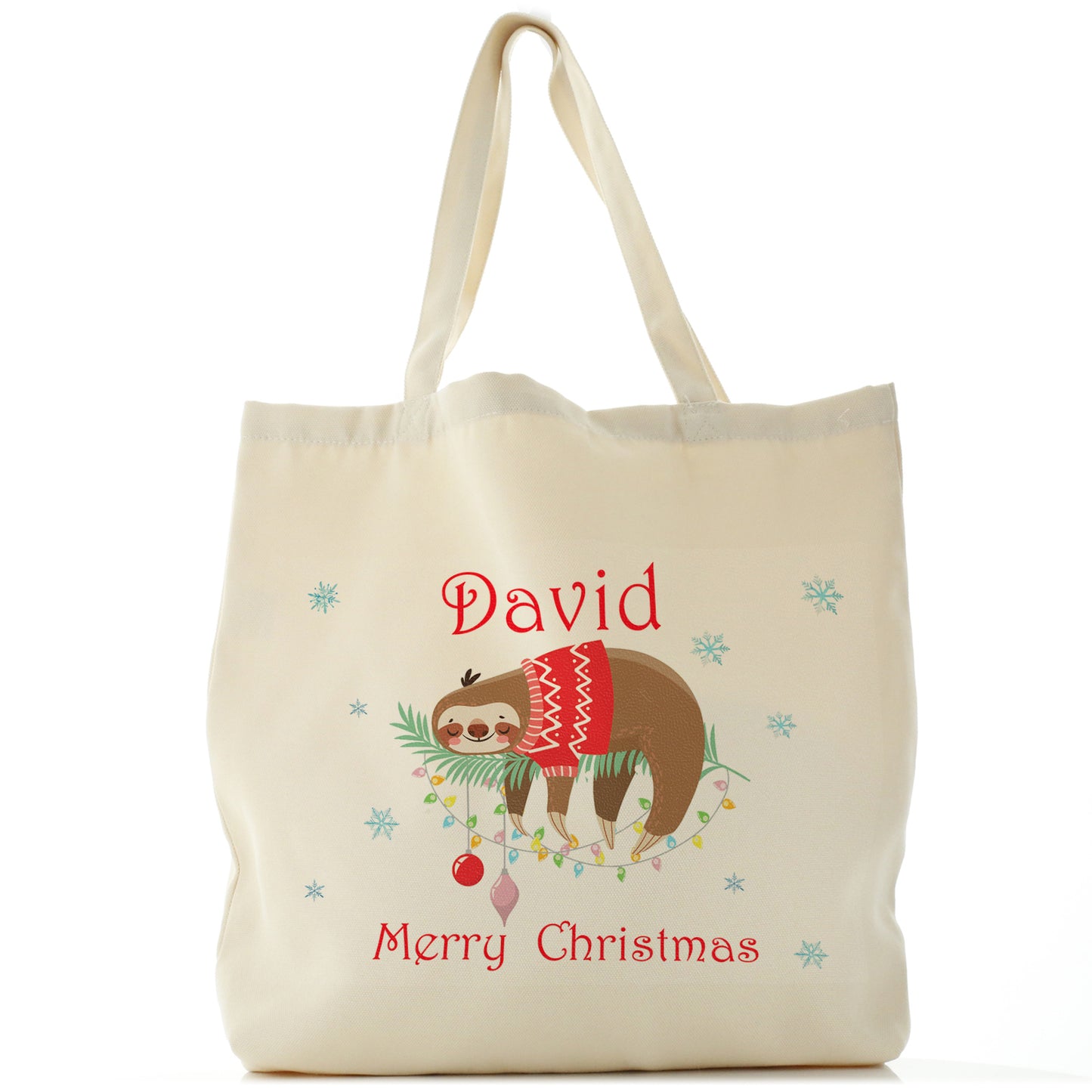 Personalised Canvas Tote Bag with Festive Text and Sleeping Christmas Sloth