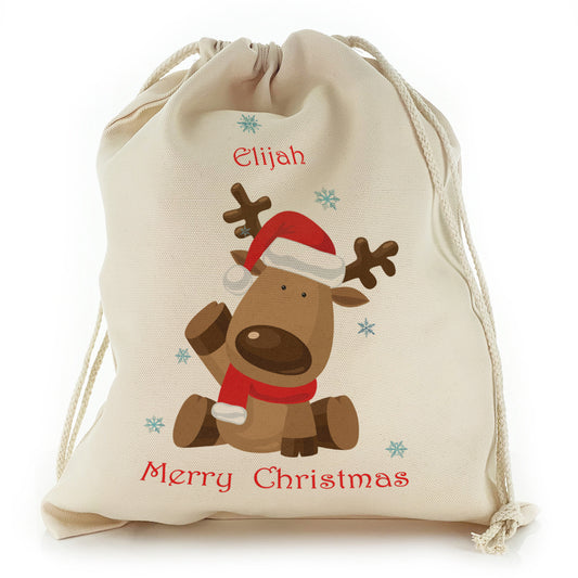 Personalised Canvas Sack with Festive Text and Santa Hat Waving Reindeer