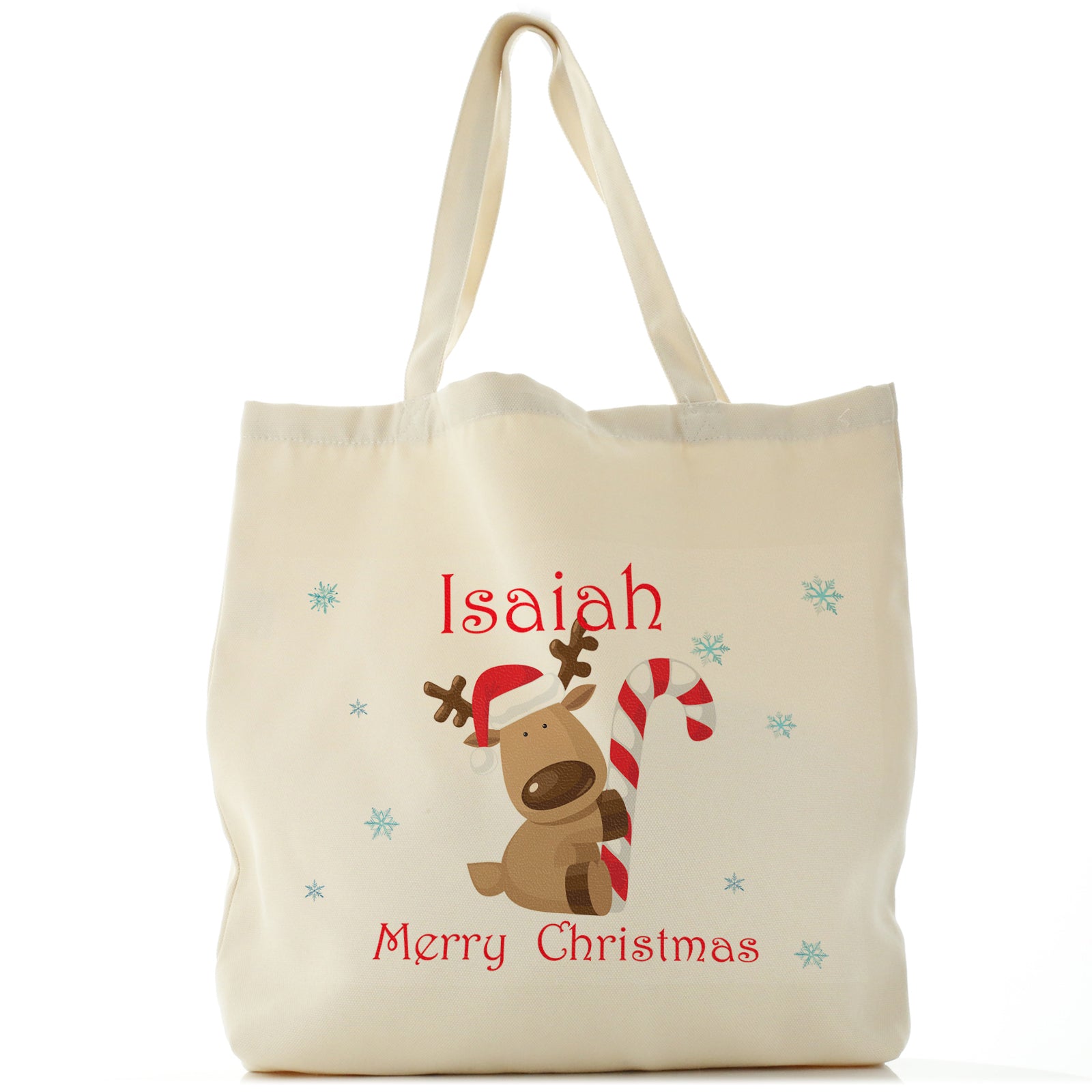 Personalised Canvas Tote Bag with Festive Text and Candy Cane Reindeer