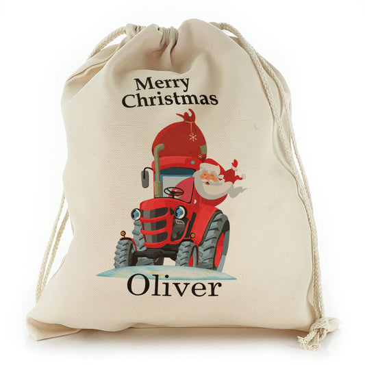 Personalised Canvas Sack with Merry Christmas Name and Santa Red Tractor