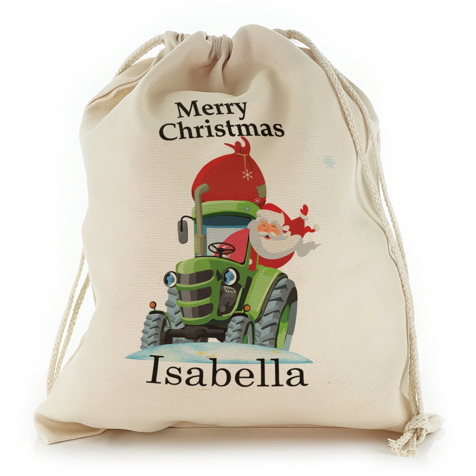 Personalised Canvas Sack with Merry Christmas Name and Santa Green Tractor