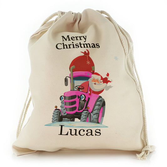 Personalised Canvas Sack with Merry Christmas Name and Santa Pink Tractor