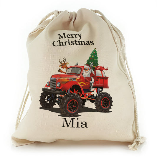 Personalised Canvas Sack with Merry Christmas Name and Santa Red Monster Truck