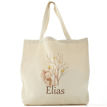 Personalised Canvas Tote Bag with Cute Text and Candy Cane Rabbit Star Tree