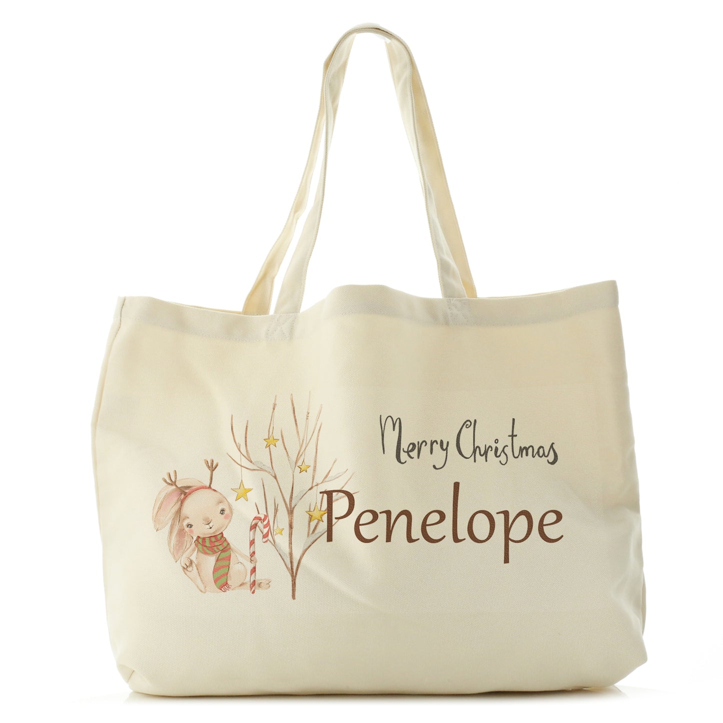 Personalised Canvas Tote Bag with Cute Text and Candy Cane Rabbit Star Tree