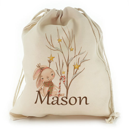 Personalised Canvas Sack with Cute Text and Candy Cane Rabbit Star Tree