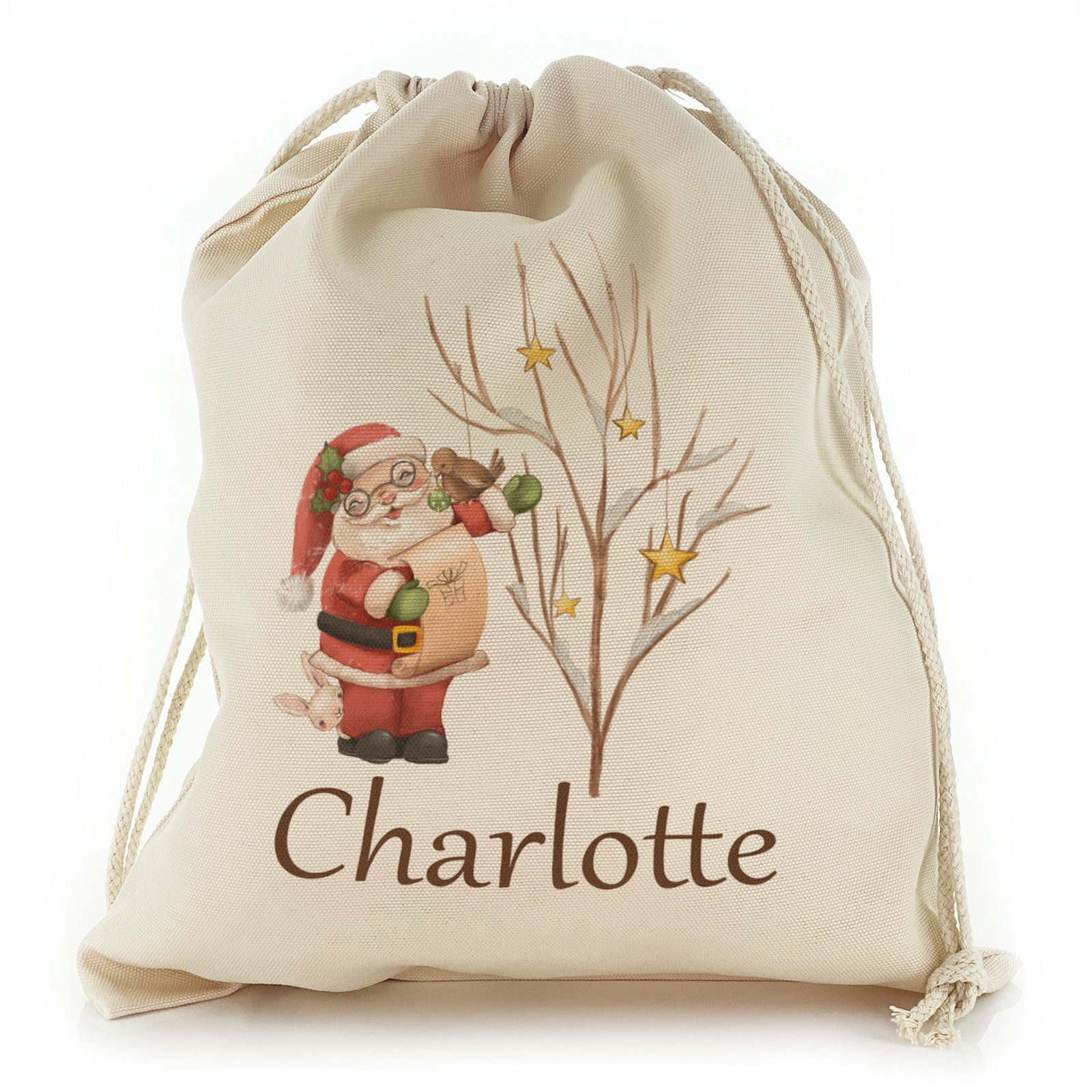 Personalised Canvas Sack with Cute Text and Merry Santa Star Tree