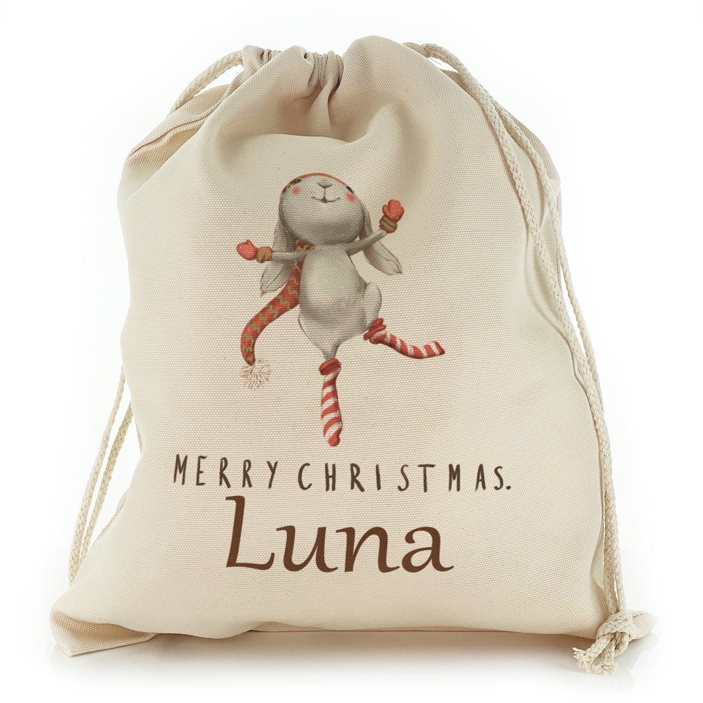 Personalised Canvas Sack with Cute Text and Dancing Grey Rabbit
