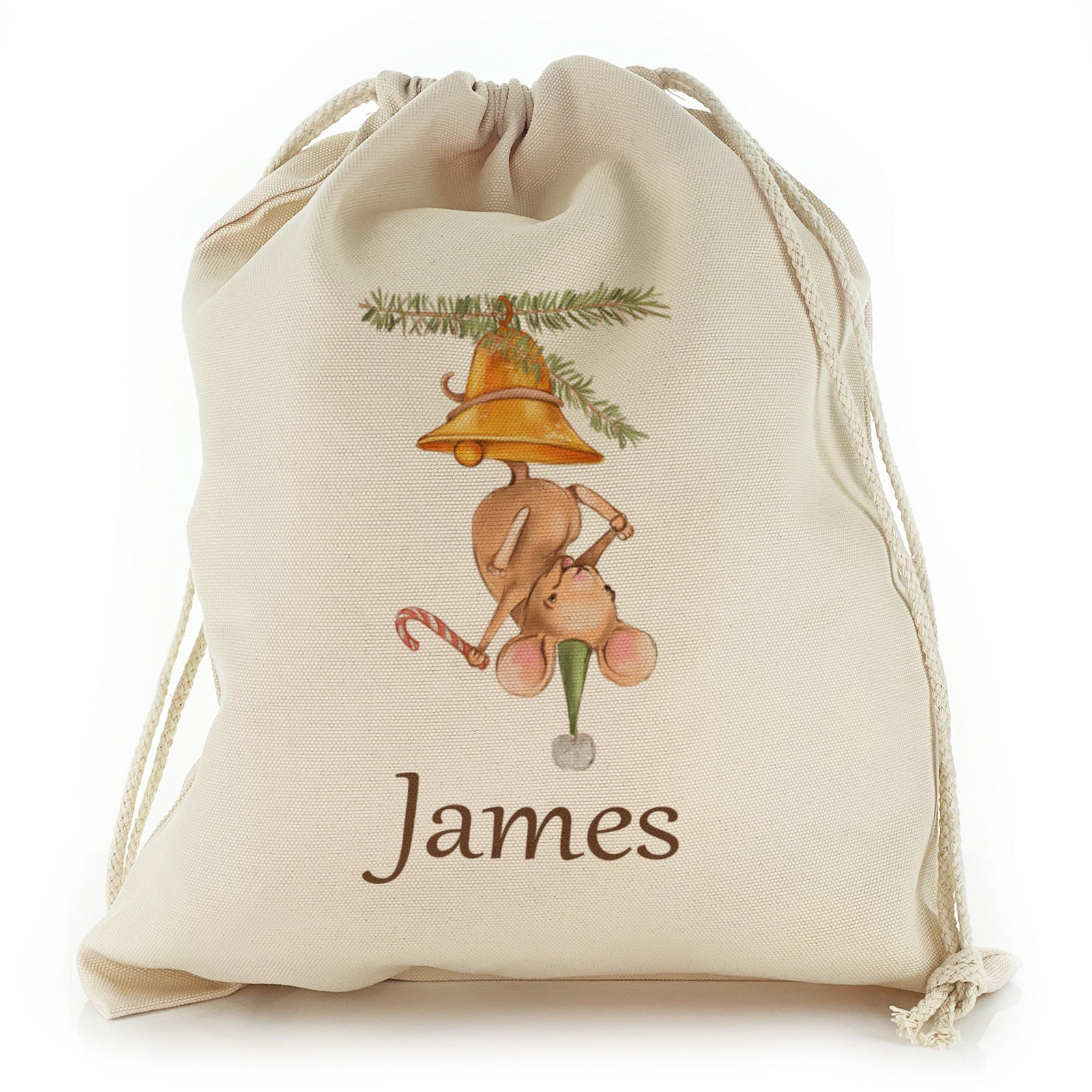 Personalised Canvas Sack with Cute Text and Playful Mouse in Bell
