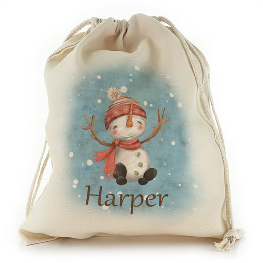 Personalised Canvas Sack with Cute Text and Blue and White Spots Snowman