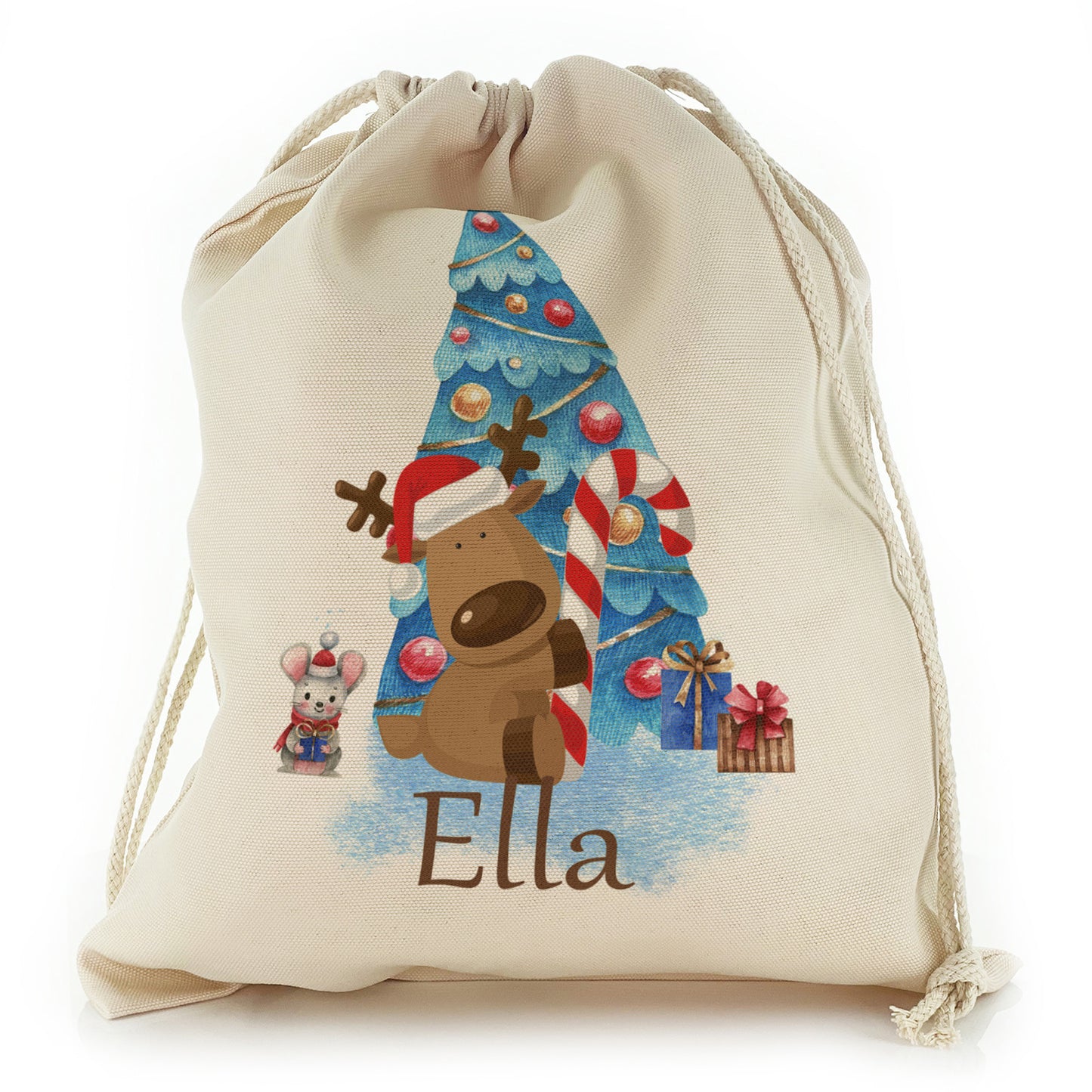 Personalised Canvas Sack with Cute Text and Blue Christmas Tree, Reindeer and Mouse