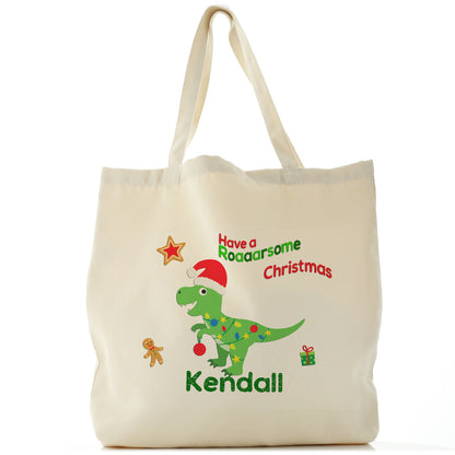 Personalised Canvas Tote Bag with Dino Text and Christmas Lights on Green Dinosaur