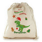 Personalised Canvas Sack with Dino Text and Christmas Lights on Green Dinosaur
