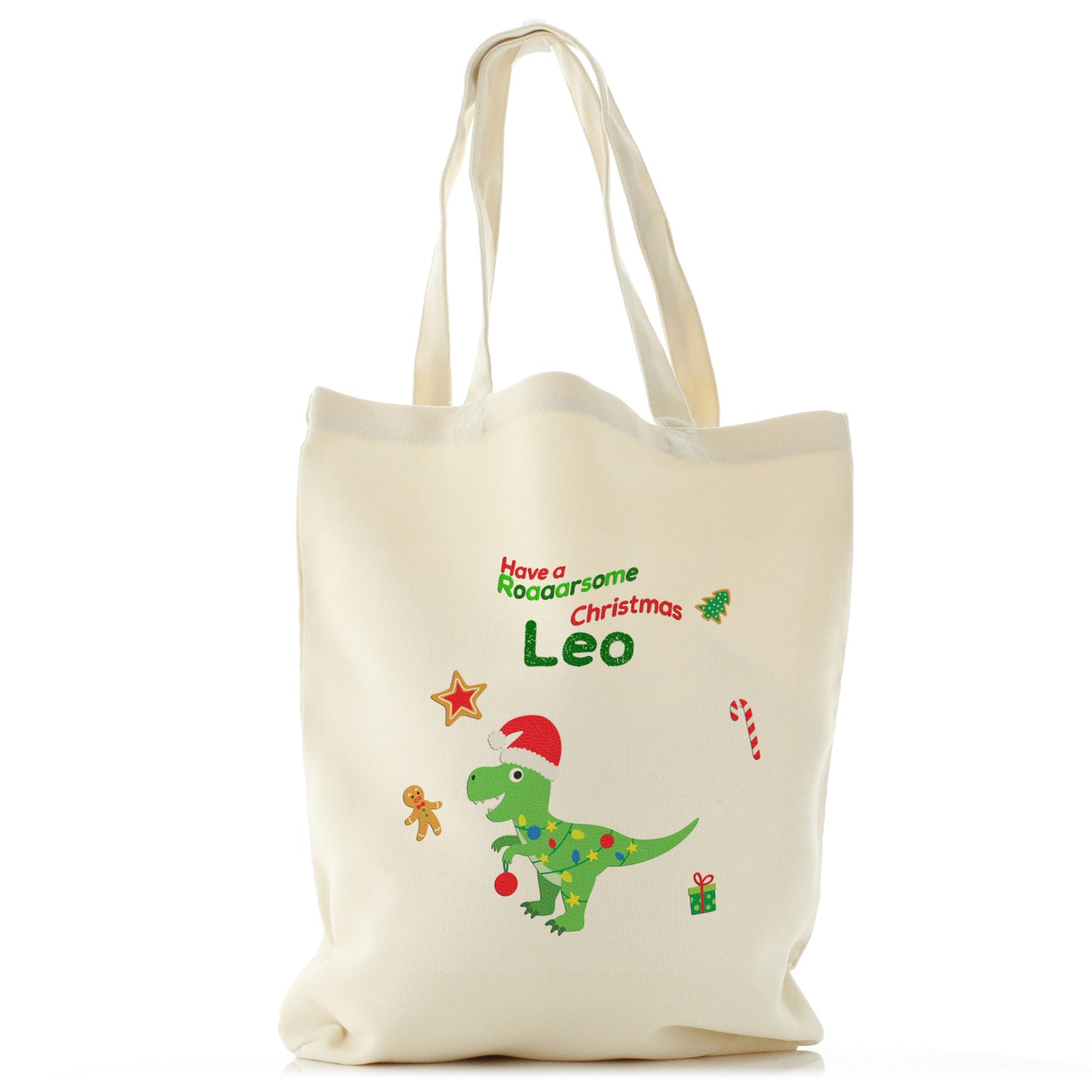 Personalised Canvas Tote Bag with Dino Text and Christmas Lights on Green Dinosaur