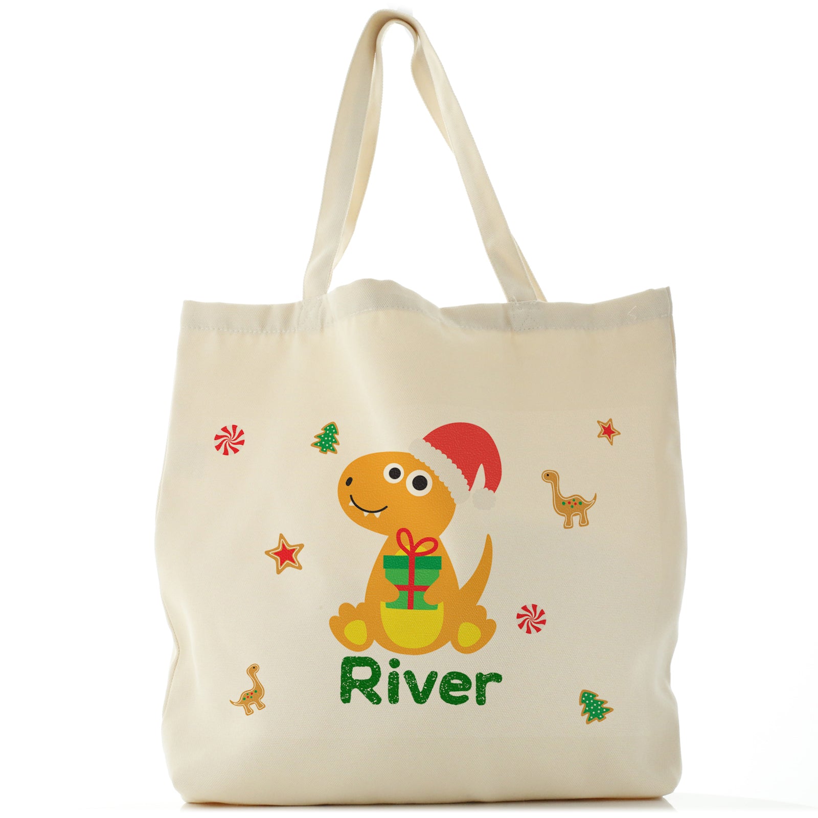 Personalised Canvas Tote Bag with Dino Text and Orange Gift Giving Dinosaur