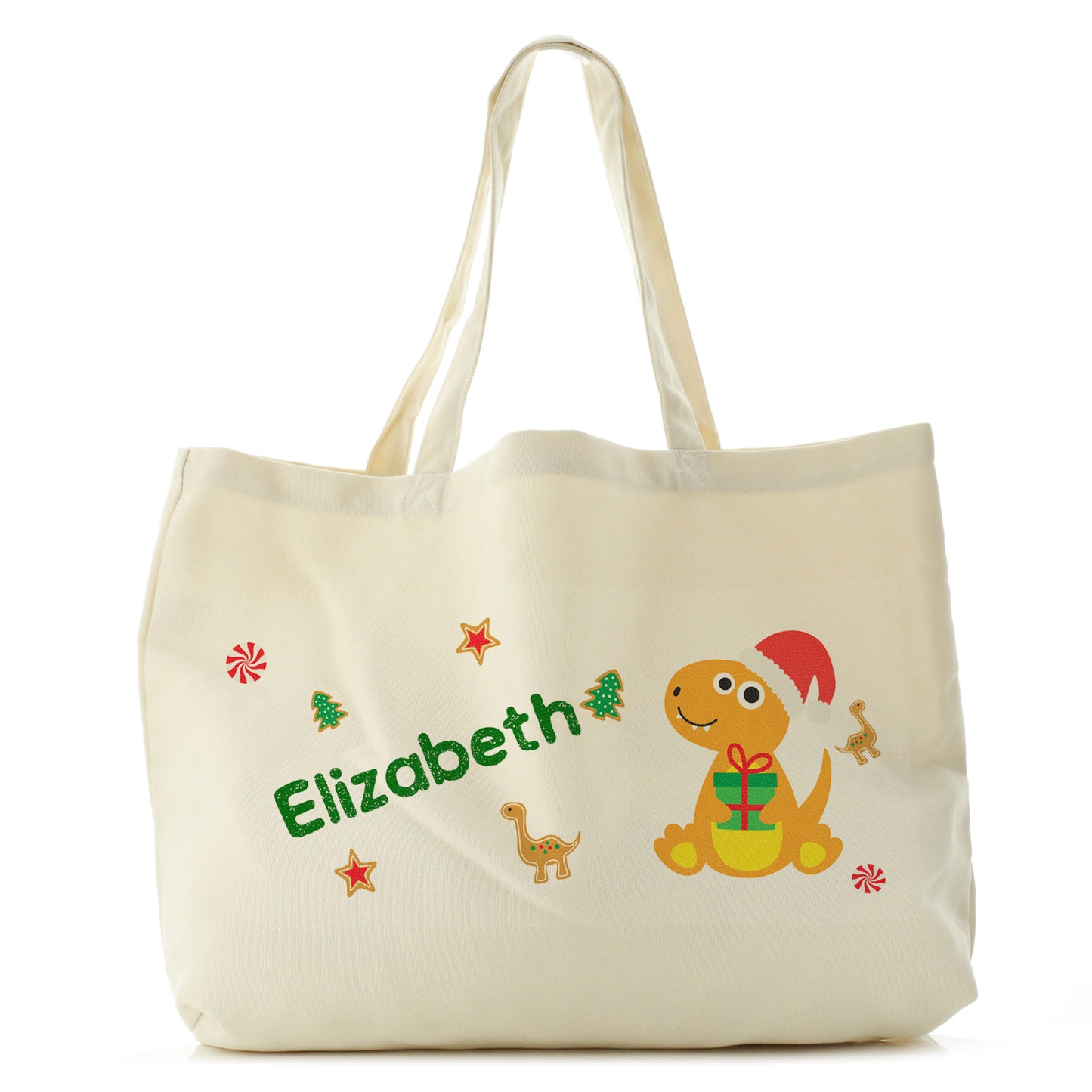 Personalised Canvas Tote Bag with Dino Text and Orange Gift Giving Dinosaur