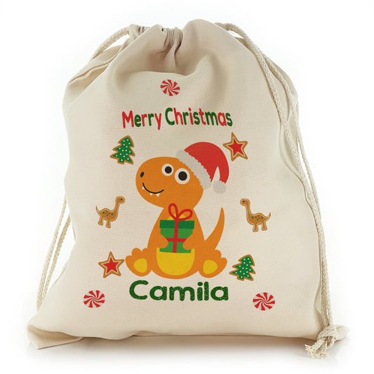 Personalised Canvas Sack with Dino Text and Orange Gift Giving Dinosaur