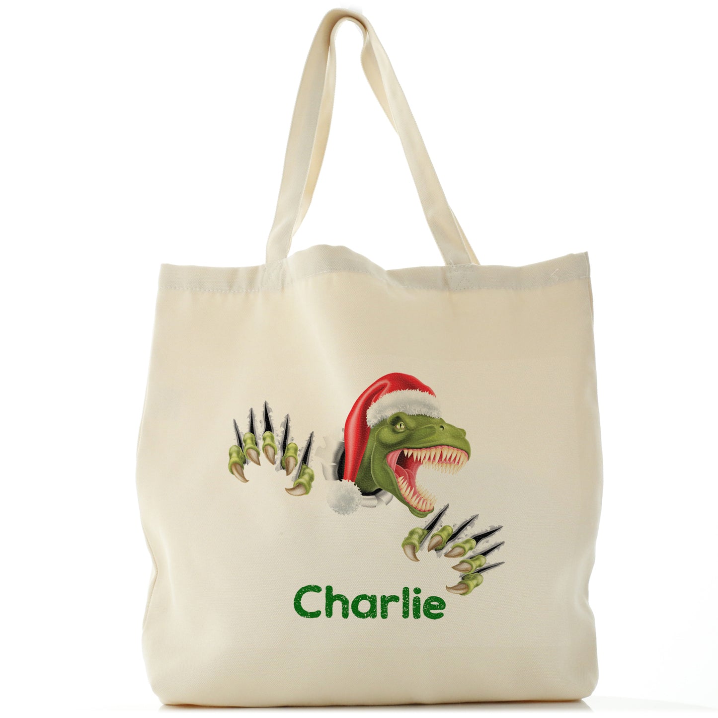 Personalised Canvas Tote Bag with Dino Text and Santa Hat Tearing Dinosaur