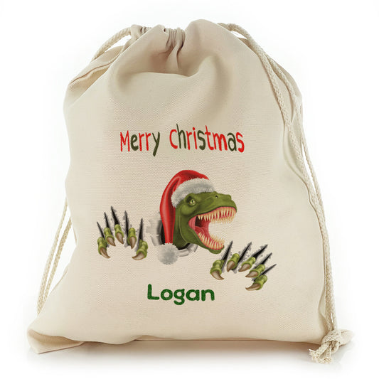 Personalised Canvas Sack with Dino Text and Santa Hat Tearing Dinosaur