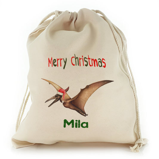 Personalised Canvas Sack with Dino Text and Flying Santa Hat Dinosaur