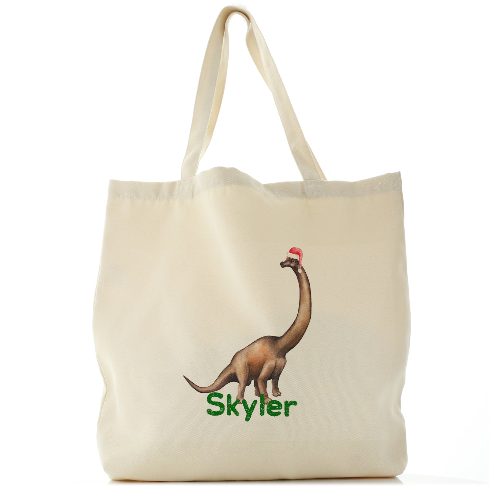 Personalised Canvas Tote Bag with Dino Text and Santa Hat Diplodocus Dinosaur