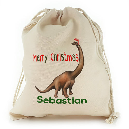 Personalised Canvas Sack with Dino Text and Santa Hat Diplodocus Dinosaur