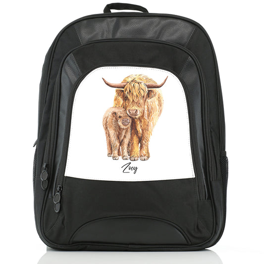 Personalised Large Multifunction Backpack with Welcoming Text and Relaxing Mum and Baby Highland Cows