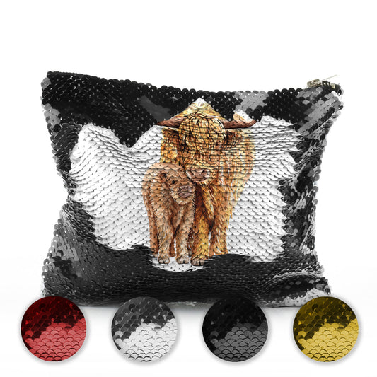 Personalised Sequin Zip Bag with Welcoming Text and Relaxing Mum and Baby Highland Cows