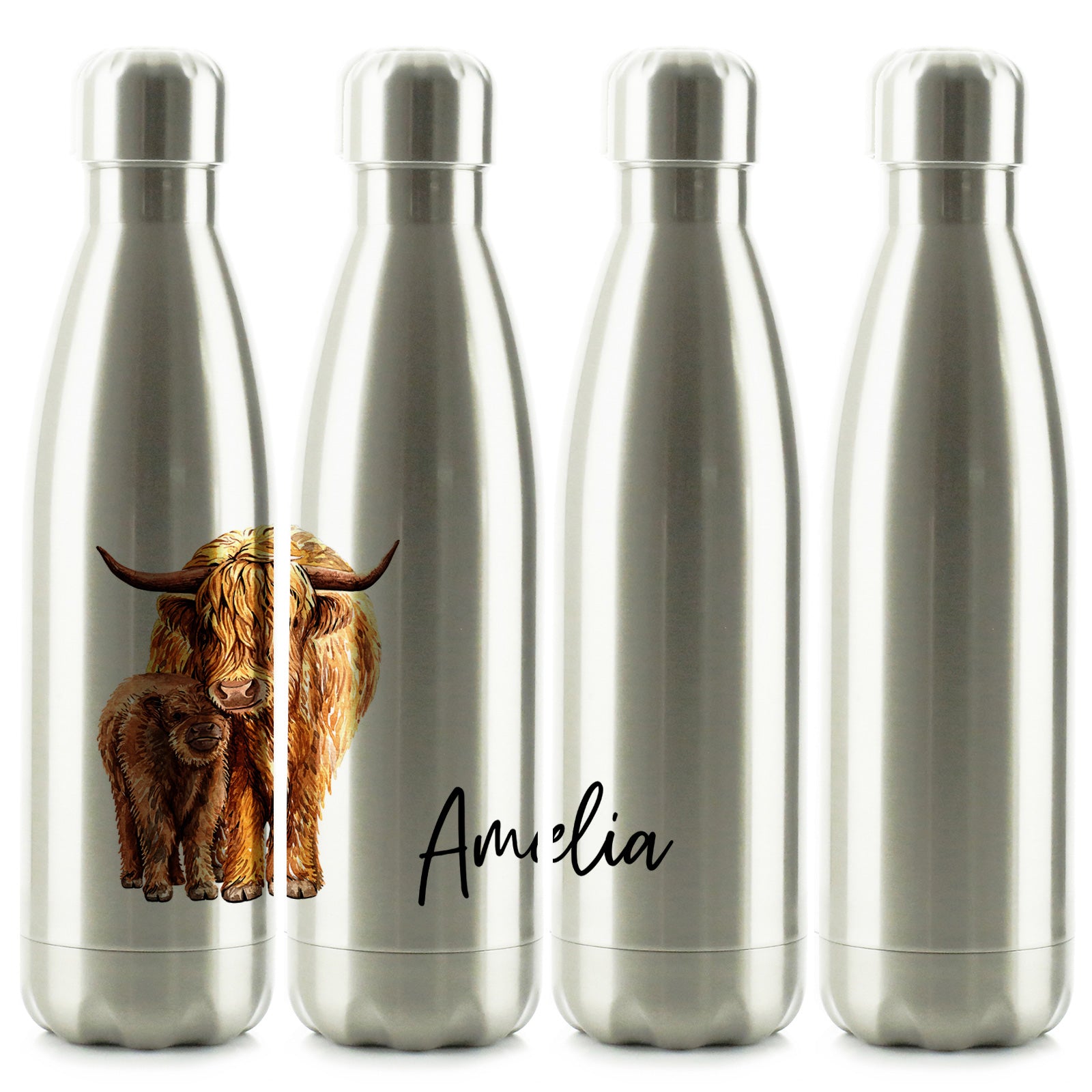 Personalised Cola Bottle with Welcoming Text and Relaxing Mum and Baby Highland Cows