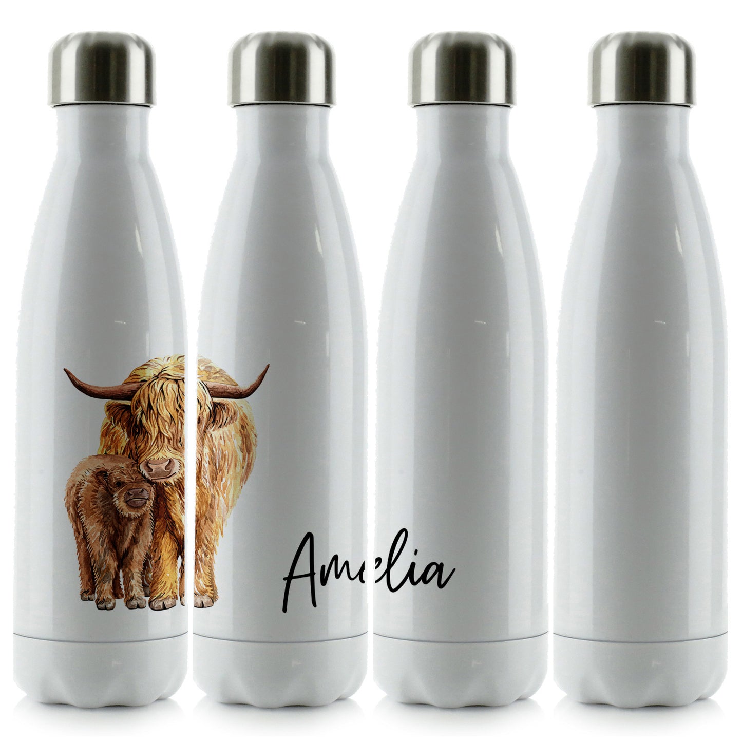 Personalised Cola Bottle with Welcoming Text and Relaxing Mum and Baby Highland Cows