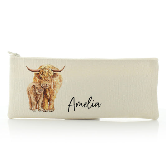 Personalised Canvas Zip Bag with Welcoming Text and Relaxing Mum and Baby Highland Cows