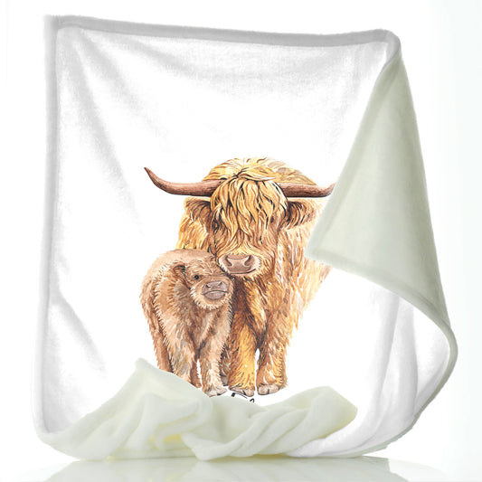 Personalised Baby Blanket with Welcoming Text and Relaxing Mum and Baby Highland Cows