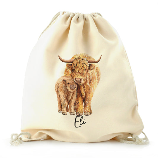 Personalised Canvas Drawstring Backpack with Welcoming Text and Relaxing Mum and Baby Highland Cows