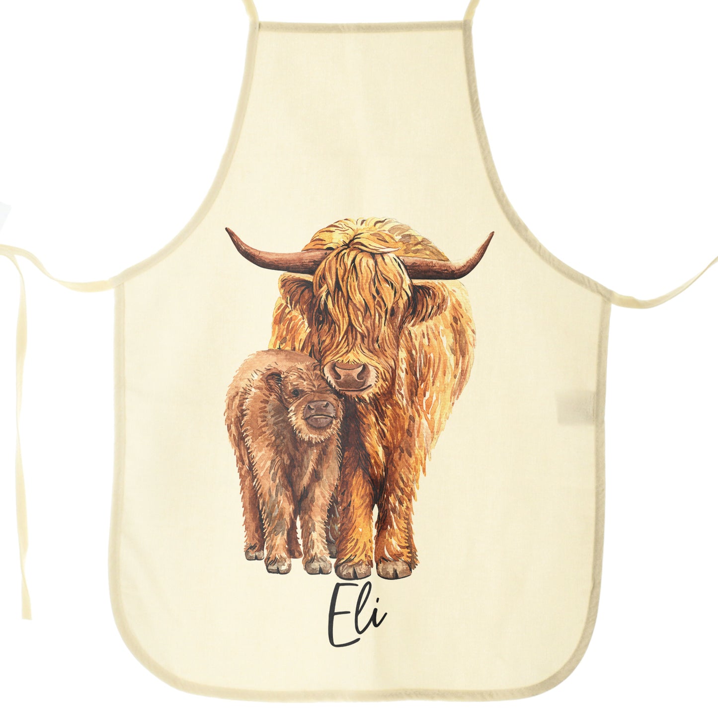 Personalised Apron with Welcoming Text and Relaxing Mum and Baby Highland Cows
