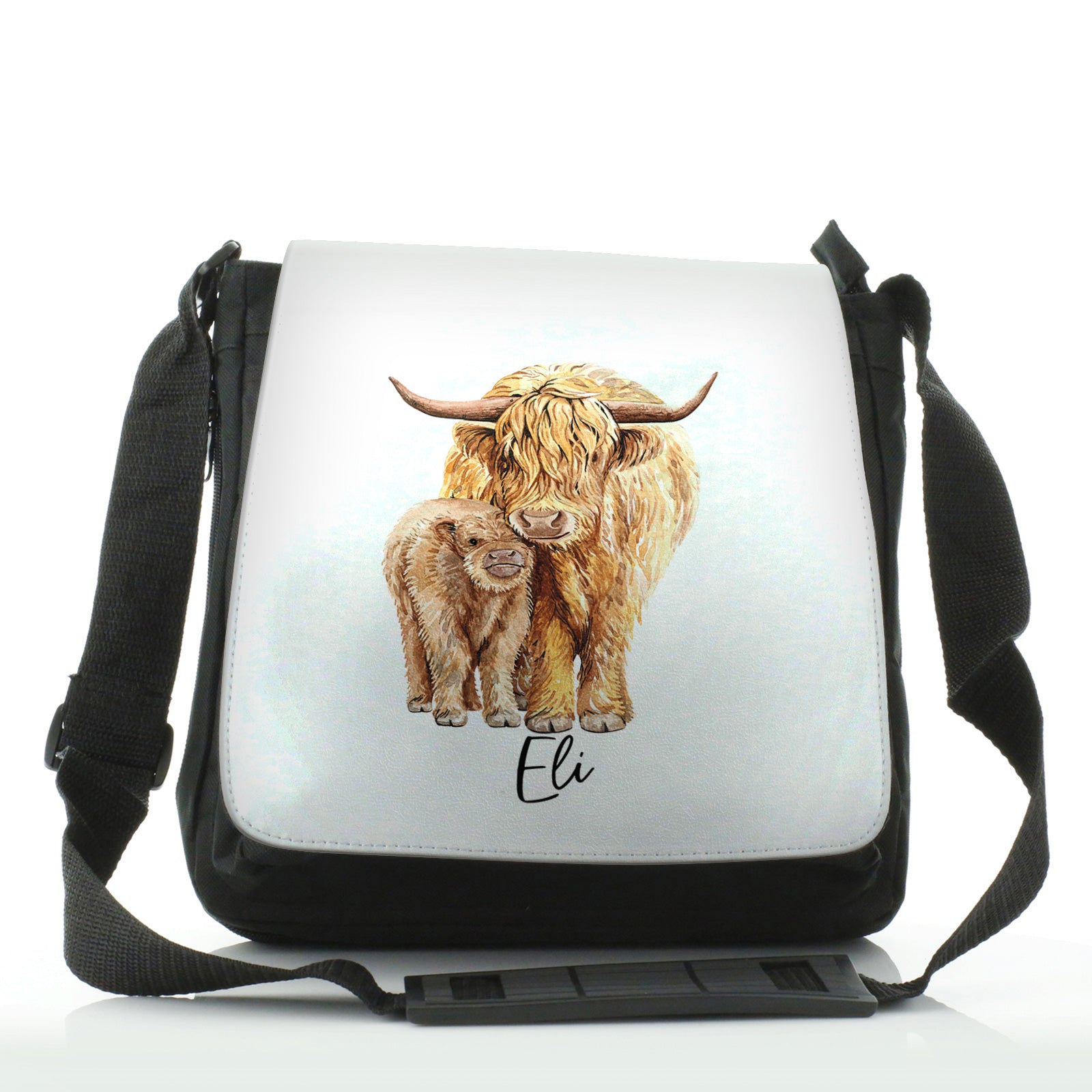 Personalised Shoulder Bag with Welcoming Text and Relaxing Mum and Baby Highland Cows