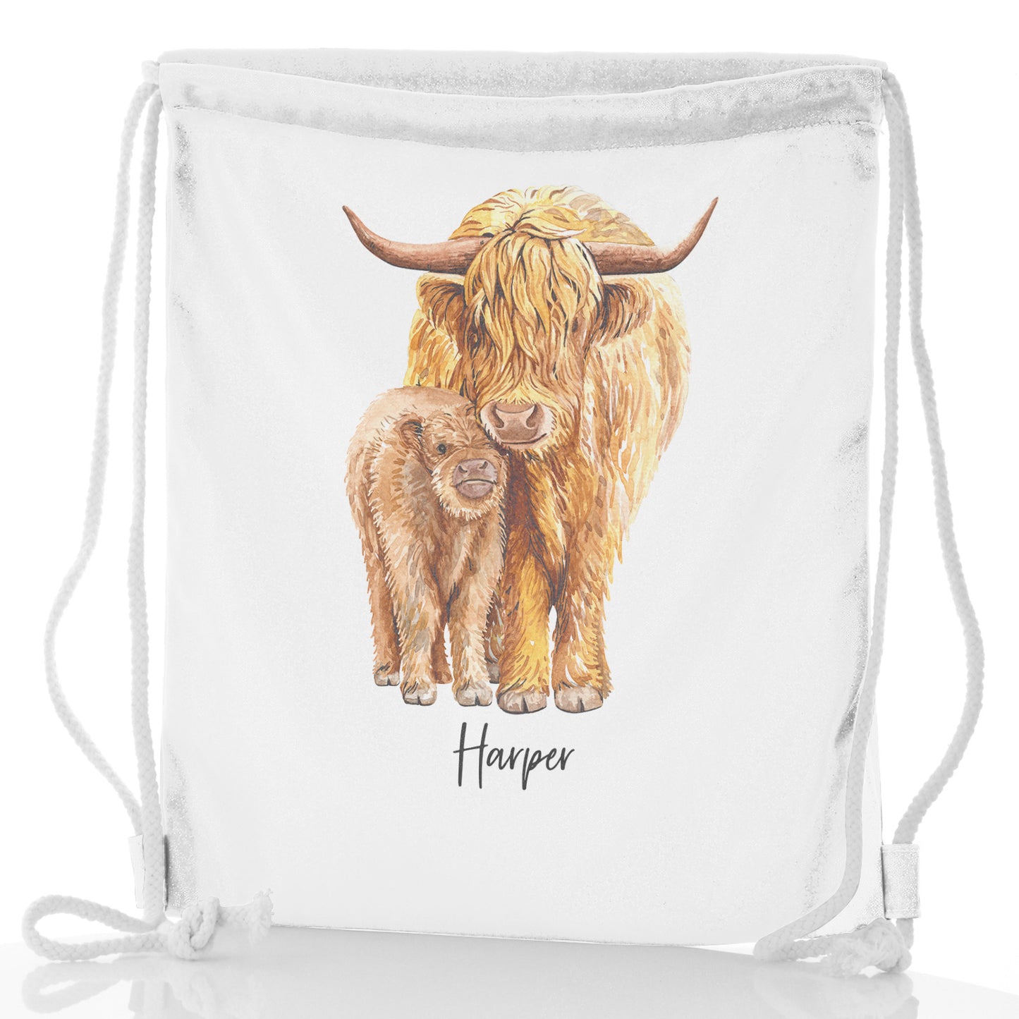 Personalisierter Glitzer-Rucksack mit Kordelzug, Begrüßungstext und entspannenden Highland-Kühen für Mama und Baby