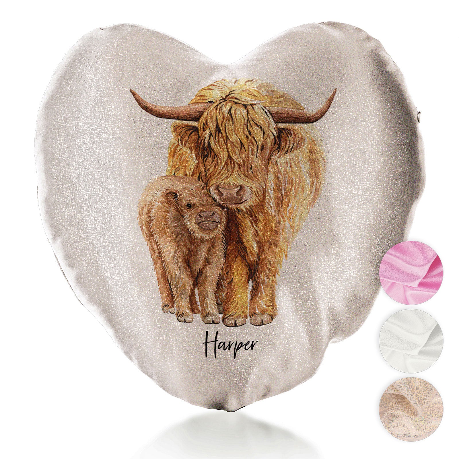 Personalised Glitter Heart Cushion with Welcoming Text and Relaxing Mum and Baby Highland Cows